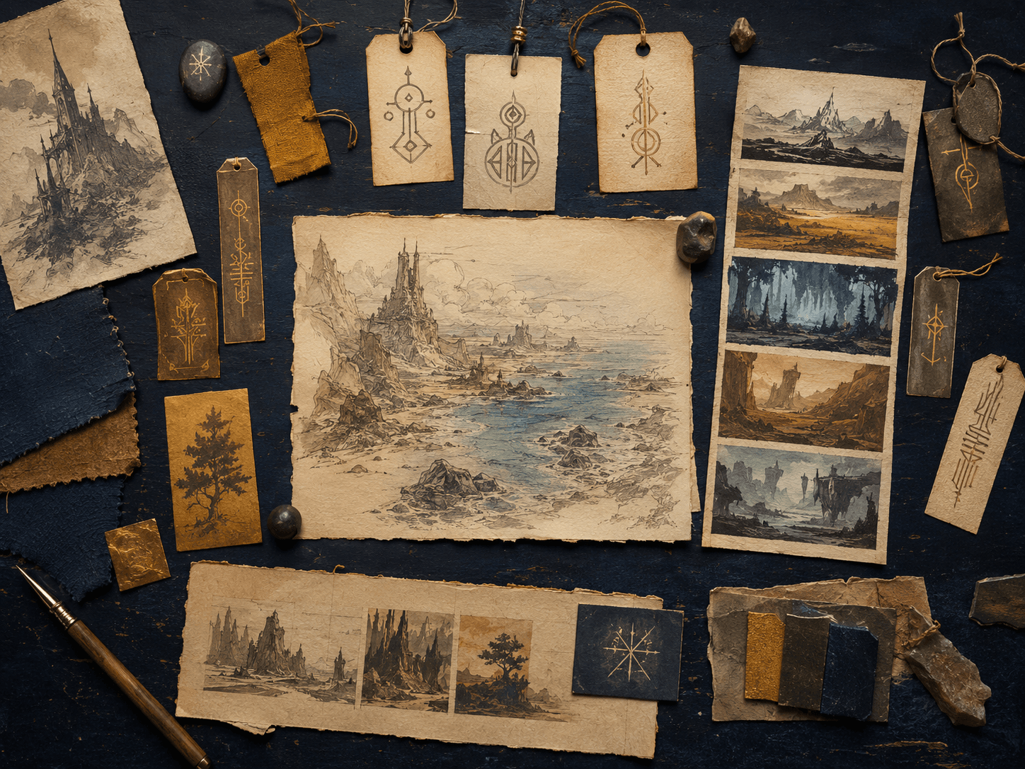 World brief with floating terrain tags and biome sketches