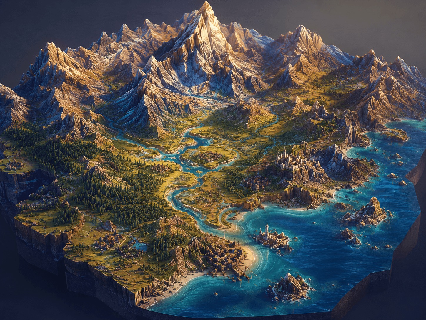 Isometric fictional terrain render of mountains and a river valley