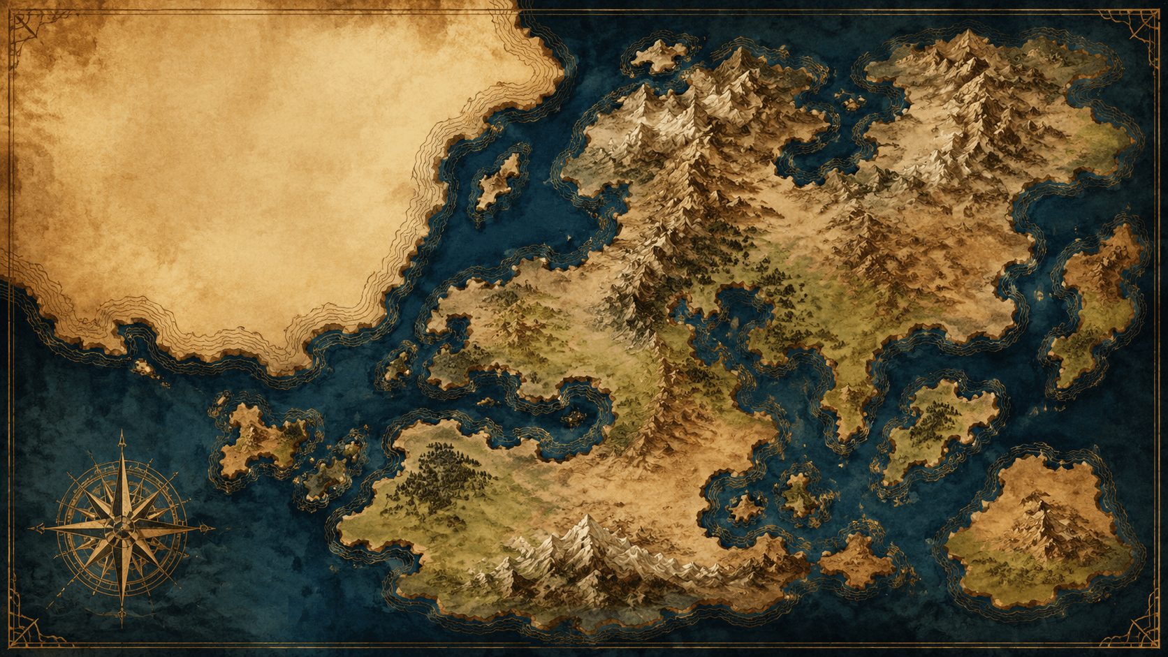 Fictional world map on aged parchment
