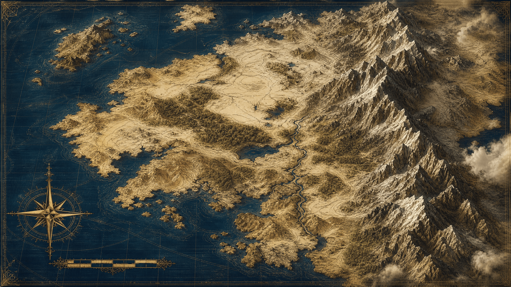Hand-drawn fantasy continent map blending into isometric terrain