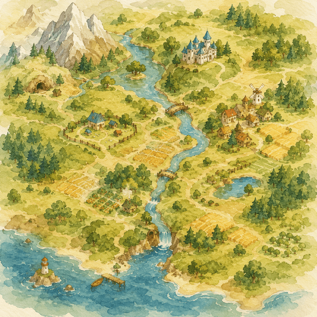 Watercolor storybook fictional map style