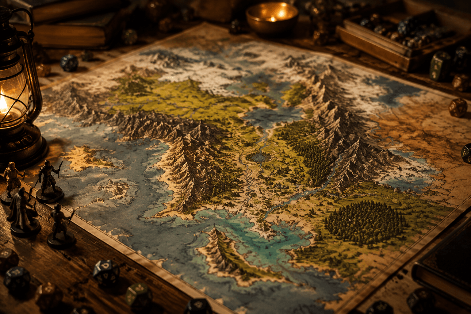 A large printed fantasy map spread across a gaming table